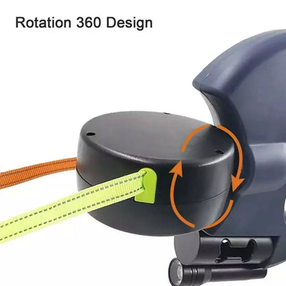 (2) Two Dog Reflective Retractable Pet Leash Ropes – 360 Degree Zero Tangle - Two Dogs Each up to 50 Lbs, Reflective Orange and Green Leads, Dual Locking, Auto Retractable with Flashlight