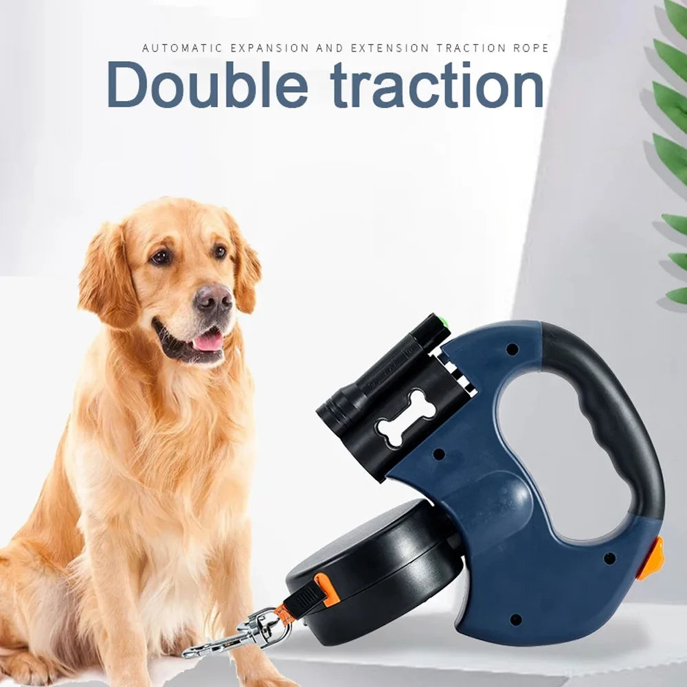 (2) Two Dog Reflective Retractable Pet Leash Ropes – 360 Degree Zero Tangle - Two Dogs Each up to 50 Lbs, Reflective Orange and Green Leads, Dual Locking, Auto Retractable with Flashlight