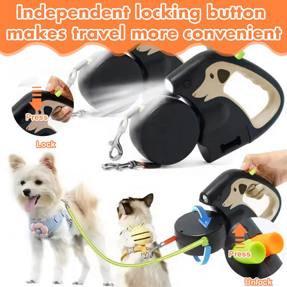 Two Dog Reflective Retractable Pet Leash – 360 Degree No Tangle Double Dogs Reflective Orange and Green Leads. Dual Locking 10 Ft Leads