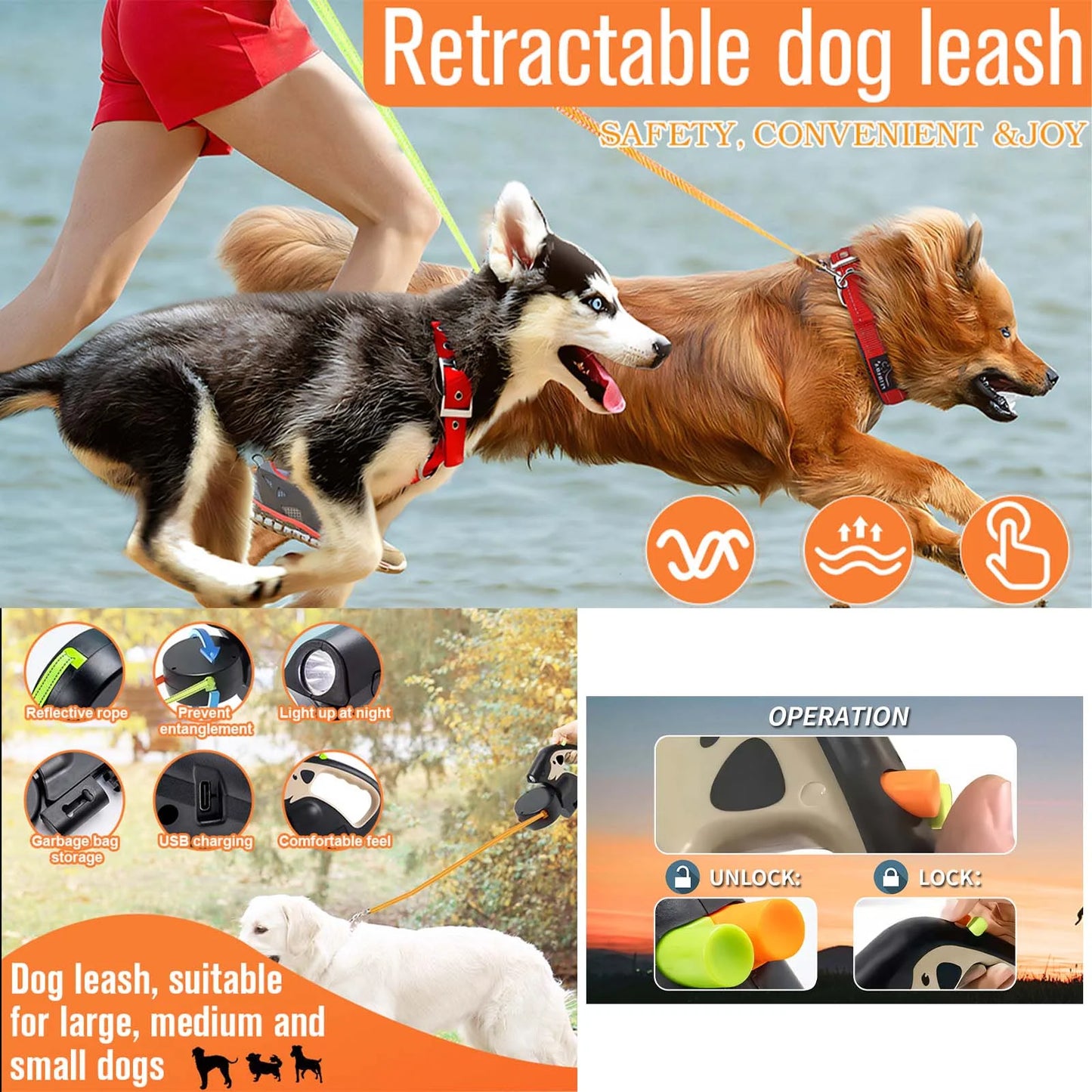 Two Dog Reflective Retractable Pet Leash – 360 Degree No Tangle Double Dogs Reflective Orange and Green Leads. Dual Locking 10 Ft Leads