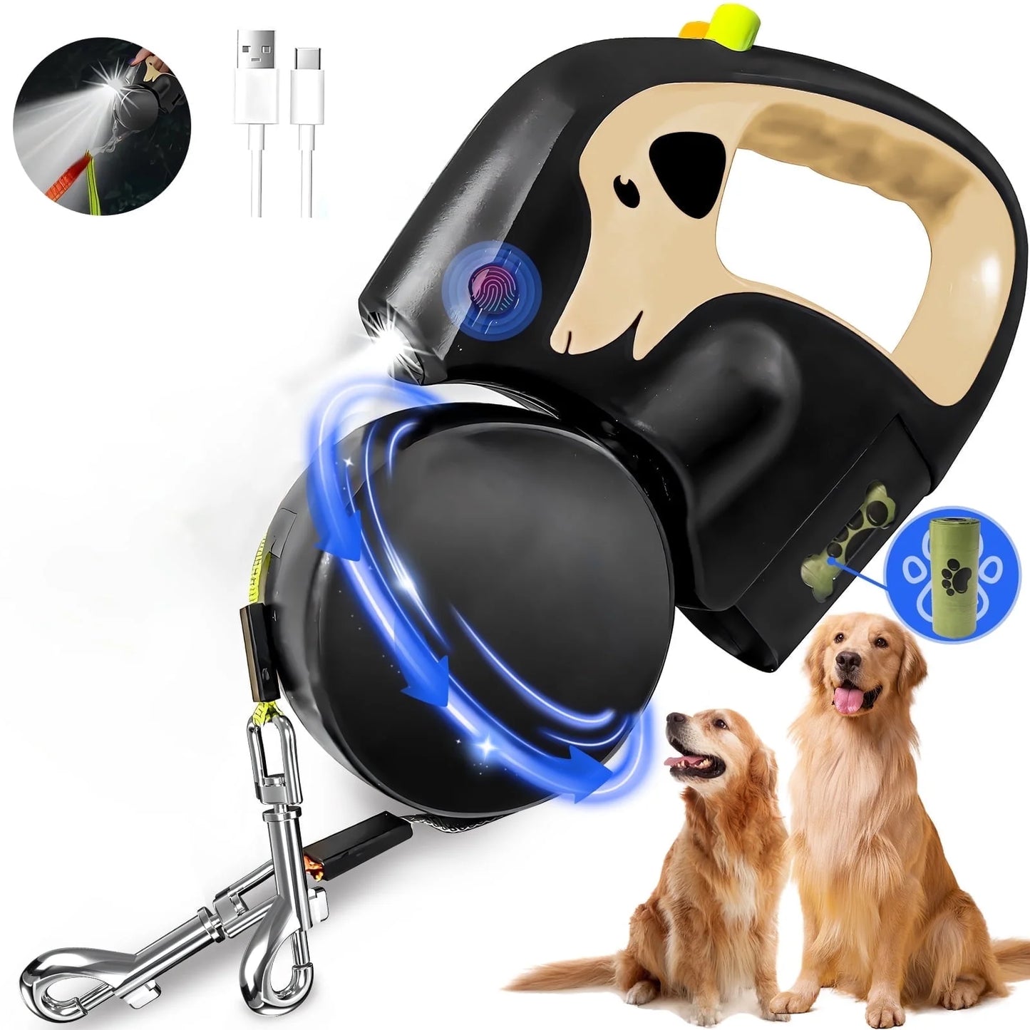 Auto Retractable Double-Ended Dog Leash 3m with LED Flashlight, Waste Bag Holder & 360° Rotating Dual Traction Rope – Pet Supplies for Two Dogs
