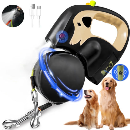 Auto Retractable Double-Ended Dog Leash 3m with LED Flashlight, Waste Bag Holder & 360° Rotating Dual Traction Rope – Pet Supplies for Two Dogs