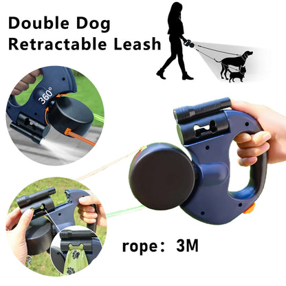 Auto Retractable Double-Ended Dog Leash 3m with LED Flashlight, Waste Bag Holder & 360° Rotating Dual Traction Rope – Pet Supplies for Two Dogs