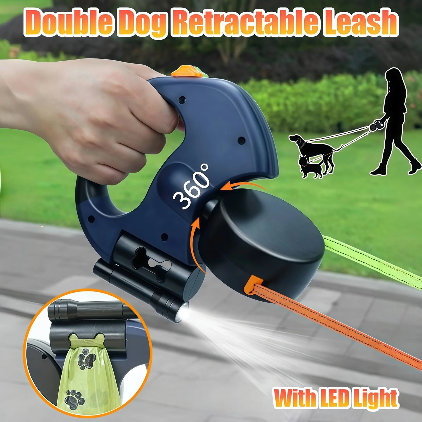 Auto Retractable Double-Ended Dog Leash 3m with LED Flashlight, Waste Bag Holder & 360° Rotating Dual Traction Rope – Pet Supplies for Two Dogs