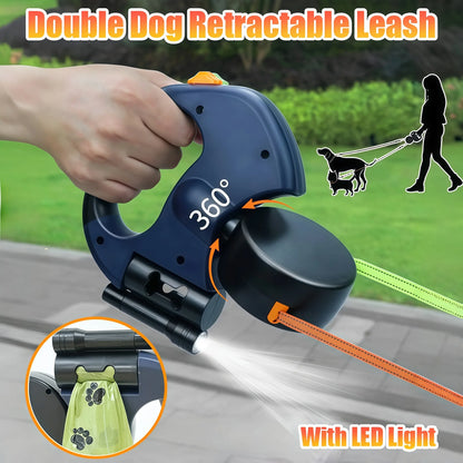 Auto Retractable Double-Ended Dog Leash 3m with LED Flashlight, Waste Bag Holder & 360° Rotating Dual Traction Rope – Pet Supplies for Two Dogs