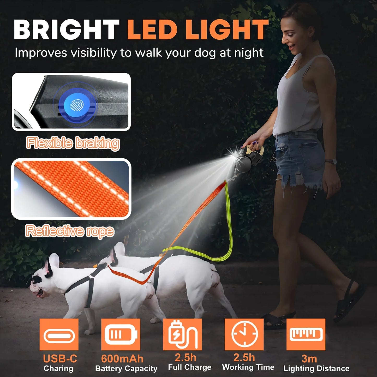 Two Dog Reflective Retractable Pet Leash – 360 Degree No Tangle Double Dogs Reflective Orange and Green Leads. Dual Locking 10 Ft Leads